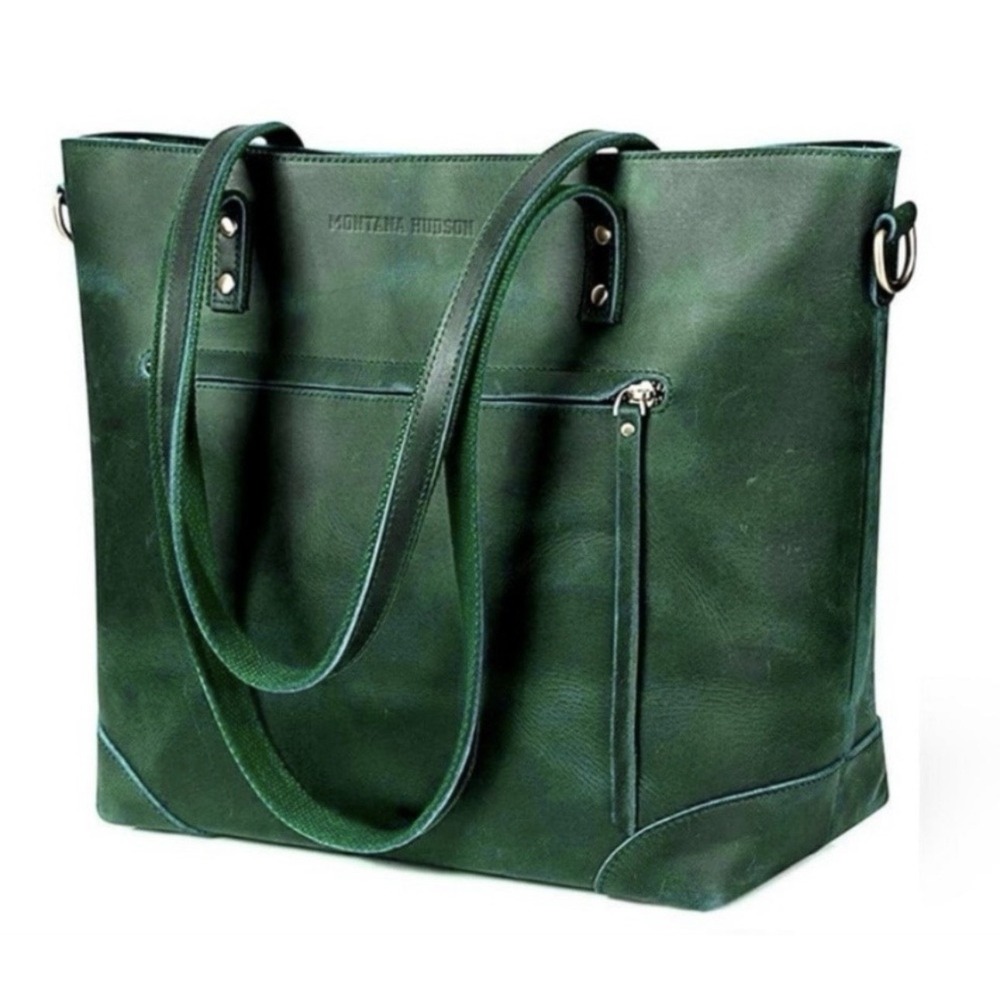 Montana Hudson‎ Eva Leather Green Zip Tote Laptop Bag w/ Shoulder Strap